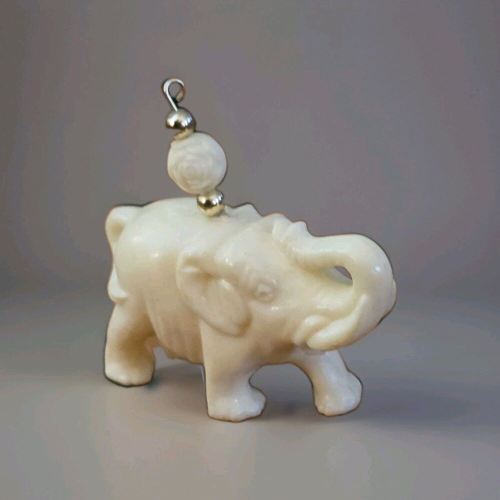 Vintage Carved Faux Ivory Resin White Elephant Pendant Charm Raised Trunk